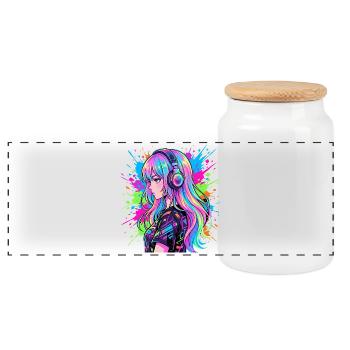Neon Anime Headphones Portrait - Panoramic Cookie Jar with Wooden Lid - white - Front