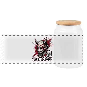Oni Folklore Maske mit Blutspritzer - Panorama Keksdose mit Holzdeckel - Weiß - Vorne