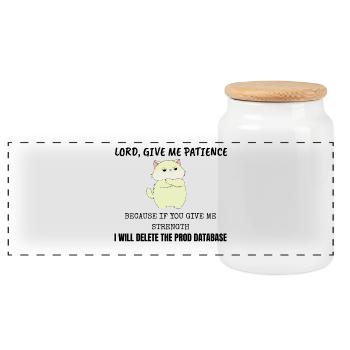 Lord Give Me Patience Prod Database IT Cat - Panoramic Cookie Jar with Wooden Lid - white - Front