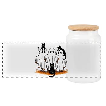Halloween Ghost Cats - Panoramic Cookie Jar with Wooden Lid - white - Front