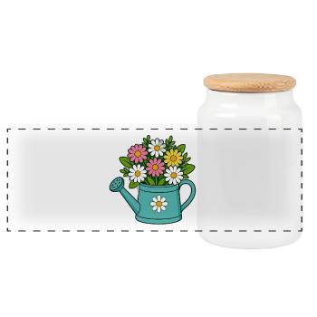 Bouquet of Flowers Watering Can - Panoramic Cookie Jar with Wooden Lid - white - Front