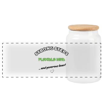 Strong Steps, Flexible Mind – Generous Heart - Panoramic Cookie Jar with Wooden Lid - white - Front
