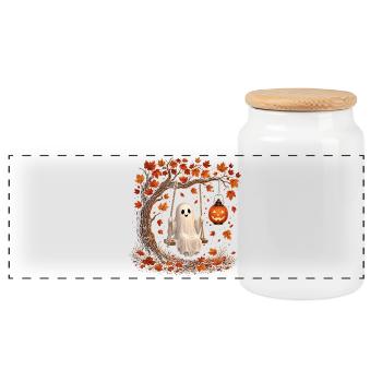 Halloween Ghost on Swing with Pumpkin Autumn - Panoramic Cookie Jar with Wooden Lid - white - Front