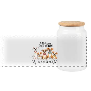 Behind Every Good Woman Are Lots of Dogs - Panoramic Cookie Jar with Wooden Lid - white - Front
