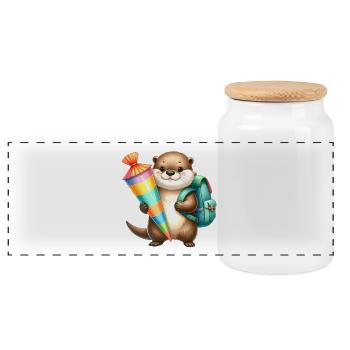 Petite loutre avec cône d’école et sacoche - Boîte à biscuits avec couvercle en bois - blanc - Devant