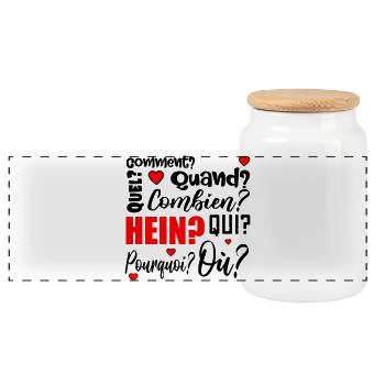 mots interrogatifs - français - Boîte à biscuits avec couvercle en bois - blanc - Devant