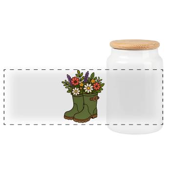 Flowers in rubber boots - Panoramic Cookie Jar with Wooden Lid - white - Front