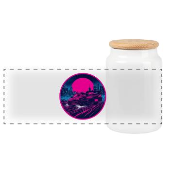 Retro 90er JDM Coupé Rainy Neon Cyber City Emblem - Panorama Keksdose mit Holzdeckel - Weiß - Vorne