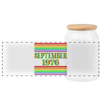 September 1976, 50th birthday Regenbogen - Panoramic Cookie Jar with Wooden Lid - white - Front
