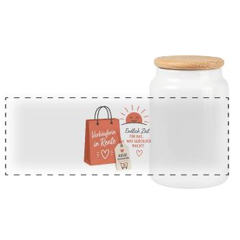 Verkäuferin in Rente – Aufgehende Sonne & Tasche - Panorama Keksdose mit Holzdeckel - Weiß - Vorne