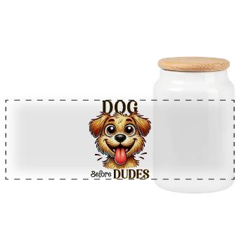 Dog Before Dudes Funny Dog Lover Quote - Panoramic Cookie Jar with Wooden Lid - white - Front