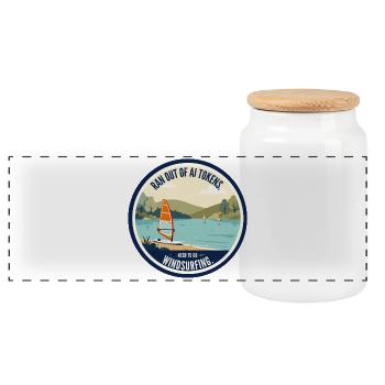 AI Humor - Windsurfing - Panoramic Cookie Jar with Wooden Lid - white - Front