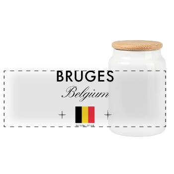 Bruges Belgium Coordinates Travel Souvenir - Panoramic Cookie Jar with Wooden Lid - white - Front