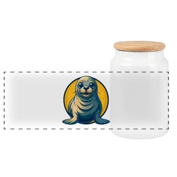 Seal Kawaii Maskottchen-Cartoon-Charakter-Clipart-Logo - Panorama Keksdose mit Holzdeckel - Weiß - Vorne