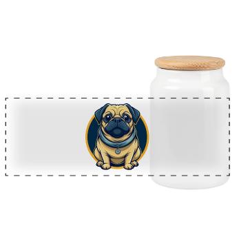 Pug Dog Kawaii Maskottchen Cartoon Clipart Logo Abzeichen - Panorama Keksdose mit Holzdeckel - Weiß - Vorne