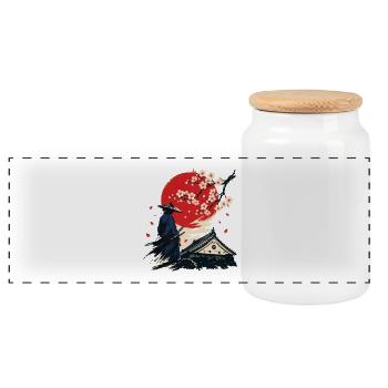 Samurai Under the Crimson Moon - Panoramic Cookie Jar with Wooden Lid - white - Front