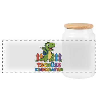 Tschüss Kindergarten – T-Rex mit Rucksack  - Panorama Keksdose mit Holzdeckel - Weiß - Vorne