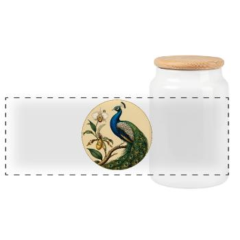 Blauer Pfau auf goldenem Blumenkreis - Panorama Keksdose mit Holzdeckel - Weiß - Vorne