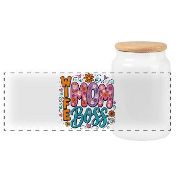 Wife Mom Chefin - Blumen-Design für Mama & Ehefrau - Panorama Keksdose mit Holzdeckel - Weiß - Vorne