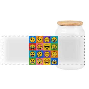 Smilies Grid – 16 bunte Cartoon Gesichter  - Panorama Keksdose mit Holzdeckel - Weiß - Vorne