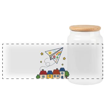 Papierflieger über Dächern – Kindergarten - Panorama Keksdose mit Holzdeckel - Weiß - Vorne