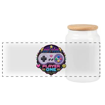 Player One Press Start Pixel Art - Panorama Keksdose mit Holzdeckel - Weiß - Vorne
