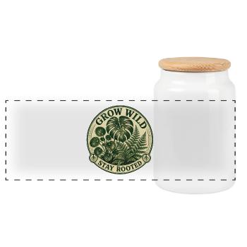 Grow Wild – Vintage Monstera Pilea Badge - Panorama Keksdose mit Holzdeckel - Weiß - Vorne