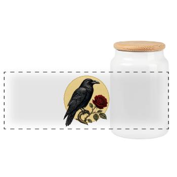 Rabe (Corvus corax) & Botanische Rote Rose - Panorama Keksdose mit Holzdeckel - Weiß - Vorne