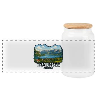 Lake Traunsee - Panoramic Cookie Jar with Wooden Lid - white - Front