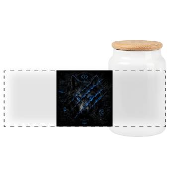 GN Wolf schwarz blau  - Panorama Keksdose mit Holzdeckel - Weiß - Vorne