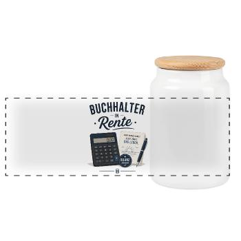 Buchhalter in Rente – Taschenrechner Füller Rente - Panorama Keksdose mit Holzdeckel - Weiß - Vorne