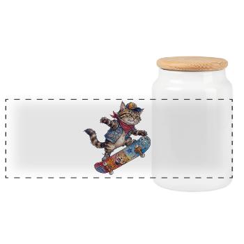 Coole Skater Katze Skateboard Design - Panorama Keksdose mit Holzdeckel - Weiß - Vorne