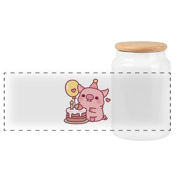 Süßes Schwein mit Geburtstagskuchen und Ballon - Panorama Keksdose mit Holzdeckel - Weiß - Vorne