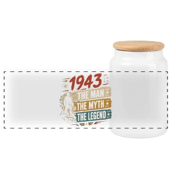 Geburtstag, geboren 1943 – Mannmythos – Legende - Panorama Keksdose mit Holzdeckel - Weiß - Vorne