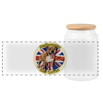 Red Staffie on English Flag Background - 014 - Panoramic Cookie Jar with Wooden Lid - white - Front