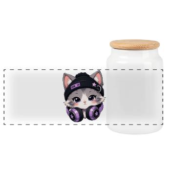 Lila DJ-Katze mit Kopfhörern - Panorama Keksdose mit Holzdeckel - Weiß - Vorne