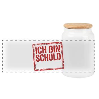 Ich bin schuld wie immer - Lustiger Spruch - Panorama Keksdose mit Holzdeckel - Weiß - Vorne