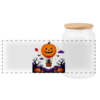 Kürbisballon-Katzen-Halloween-Szene - Panorama Keksdose mit Holzdeckel - Weiß - Vorne