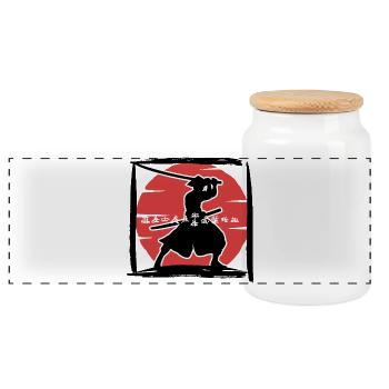 Samurai-Silhouette unter roter Sonne - Panorama Keksdose mit Holzdeckel - Weiß - Vorne