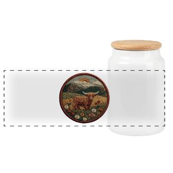 Hochlandkuh Patch in Berglandschaft - Panorama Keksdose mit Holzdeckel - Weiß - Vorne