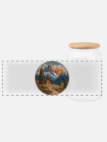 Berglandschaft Patch mit Hütte - Panorama Keksdose mit Holzdeckel - Weiß
