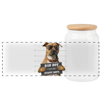 Badboy mit rotem Staffie-Gerichtsschild – 012 - Panorama Keksdose mit Holzdeckel - Weiß - Vorne