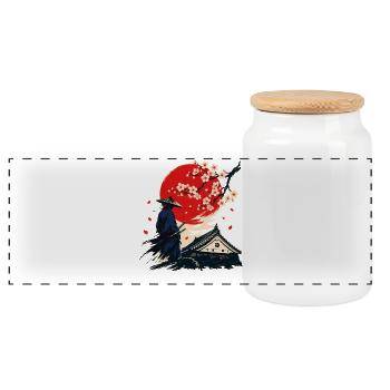 Samouraï sous les cerisiers en fleurs - Boîte à biscuits avec couvercle en bois - blanc - Devant