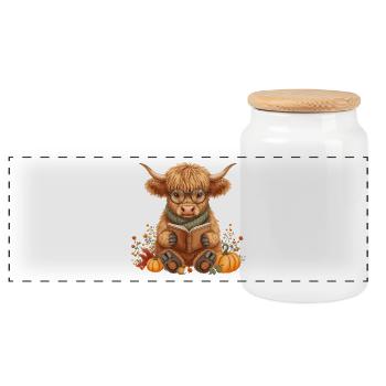 Highland Cow Reading Fall Cozy - Panoramic Cookie Jar with Wooden Lid - white - Front