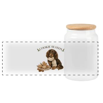Cookie Season Longhair Dachshund Christmas - Panoramic Cookie Jar with Wooden Lid - white - Front