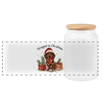 Noël teckel emballé dans Noël - Boîte à biscuits avec couvercle en bois - blanc - Devant