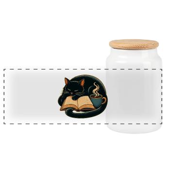 Kuschelkater beim Lesen mit Kaffee - Panorama Keksdose mit Holzdeckel - Weiß - Vorne