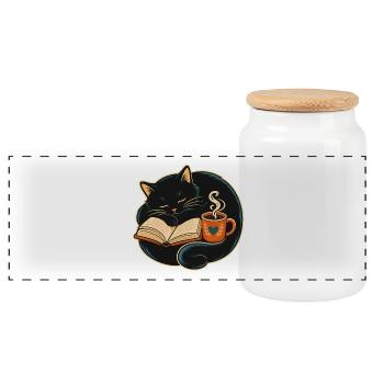 Schlafende Katze beim Lesen & Kaffee - Panorama Keksdose mit Holzdeckel - Weiß - Vorne