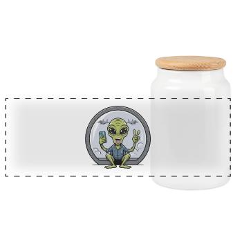 Alien Selfie With Fighter Jets - Panoramic Cookie Jar with Wooden Lid - white - Front