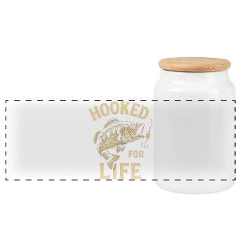 Angler T-Shirt Hooked for Life – Fisch am Haken - Panorama Keksdose mit Holzdeckel - Weiß - Vorne